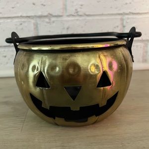 Pottery Barn Halloween Gold Jackolantern Pumpkin Candy Bowl Candle Holder